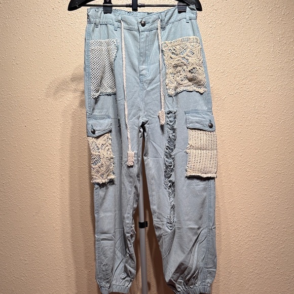 POL Patchwork Crochet Distressed Ripped boho jogger pants sz Medium NEW